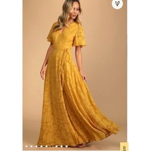 Lulu's Yellow Floral Jacquard Wrap Maxi Dress